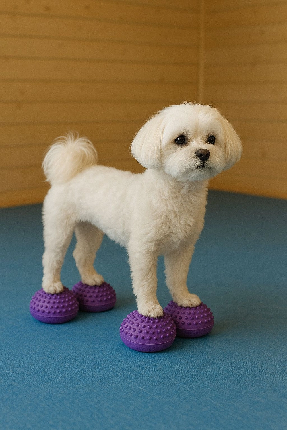 Pfotenfitness by Andrea Wirth – Hundefitness – Hund steht auf Physiotherapiebällen