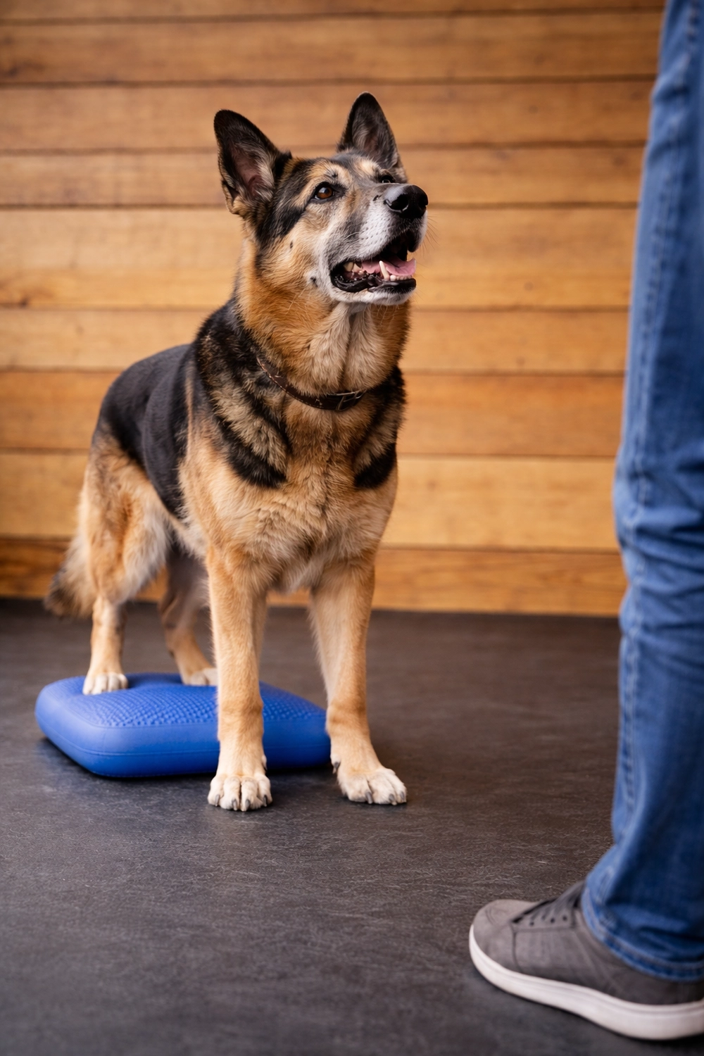 Pfotenfitness by Andrea Wirth – Hundefitness – älterer Hund steht auf einem Gymnastikball