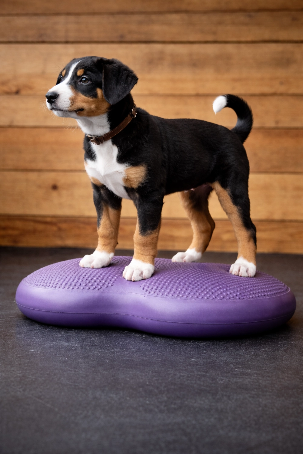 Pfotenfitness by Andrea Wirth – Hundefitness – Welpe steht auf einem Physioball