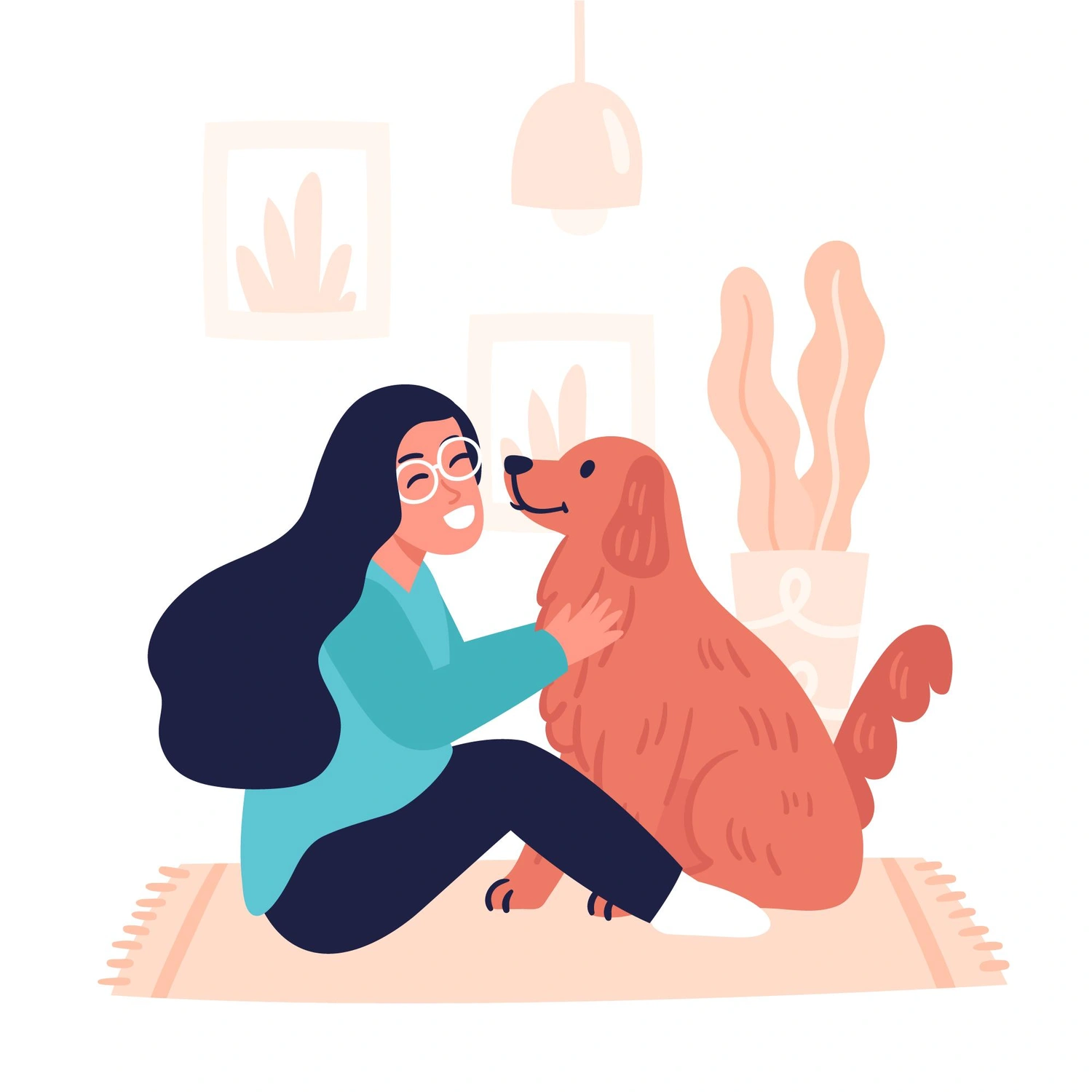 Pfotenfitness by Andrea Wirth – Hundefitness – Das Bild einer lächelnden Frau, die im Schneidersitz sitzt und ihren treuen Beagle in einem sonnendurchfluteten Zimmer liebevoll anblickt.